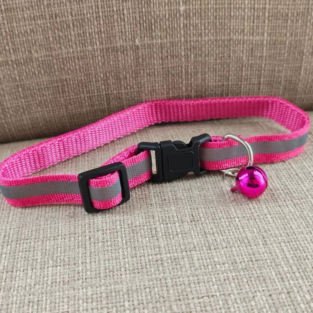 Cat Collar W/ Bell Pink/Gray Reflective Nylon Cat Safety Collar Size Adjust